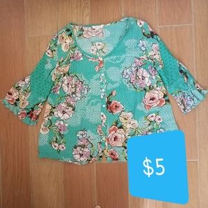 ODDY Boho Green Floral Top, Med.